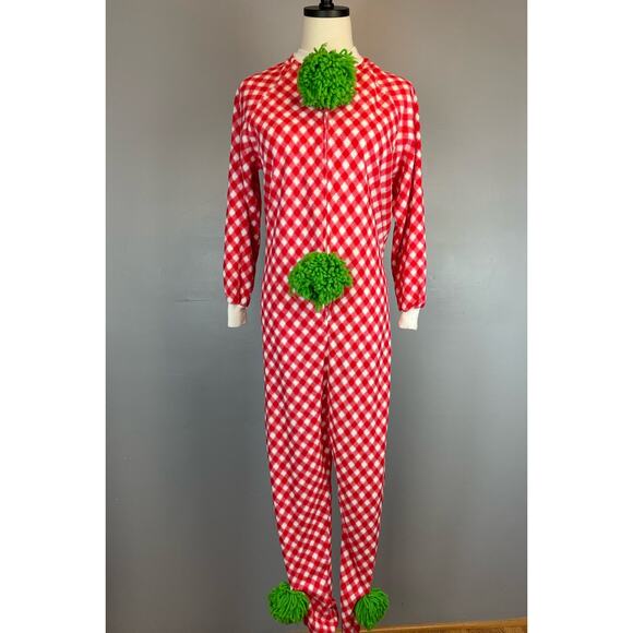Vintage 1970s Homemade Clown Costume Red White Checked Green Pom Pom Small - Picture 9 of 10